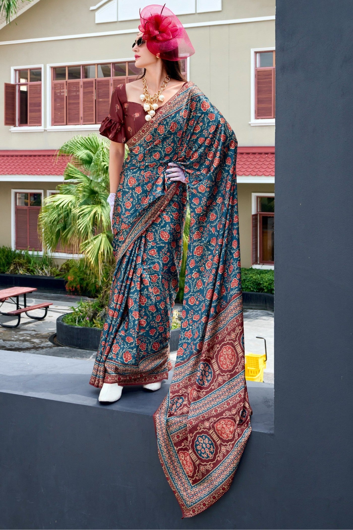 Buy MySilkLove Space Blue Ajrakh Printed Satin Crepe Silk Saree Online