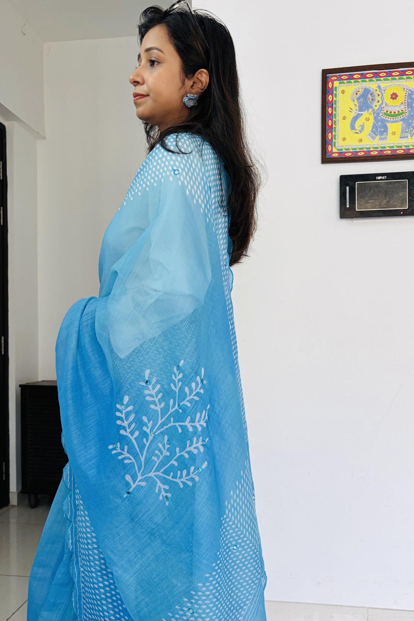 Buy MySilkLove Swim Blue Printed Cotton Saree Online