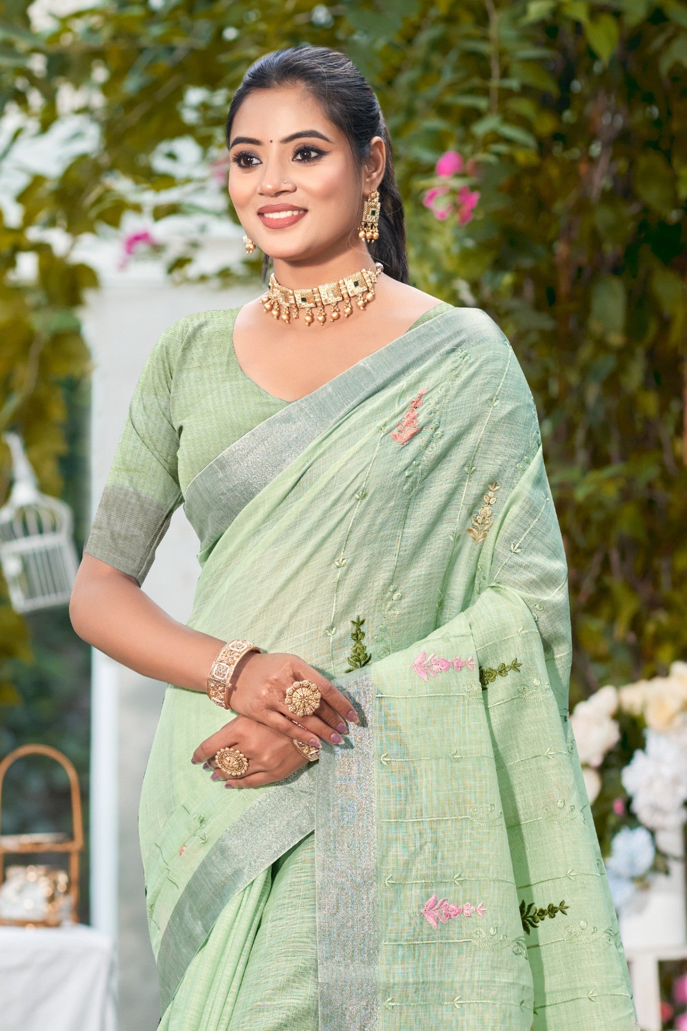Buy MySilkLove Mint Green Woven Cotton Linen Saree Online
