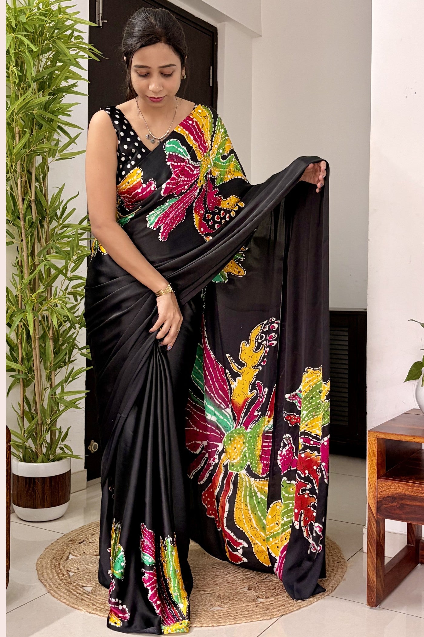 Buy MySilkLove Midnight Black Bloom Floral Mirror Work Satin Silk Saree Online