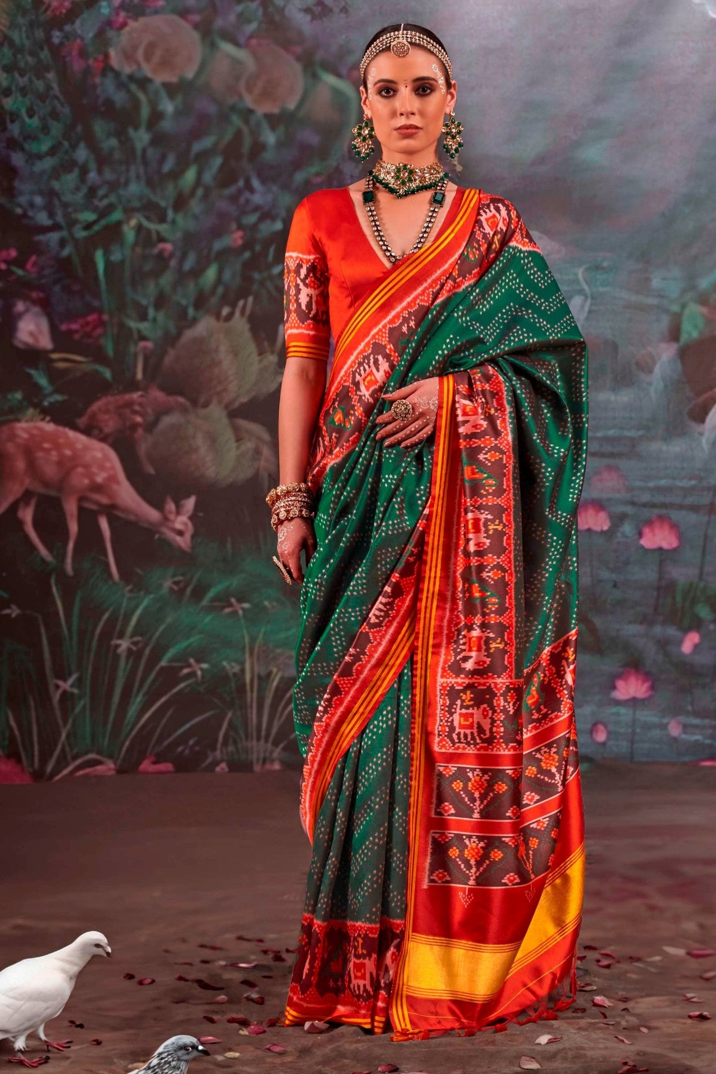 Buy MySilkLove Leaf Green Printed Patola Saree Online