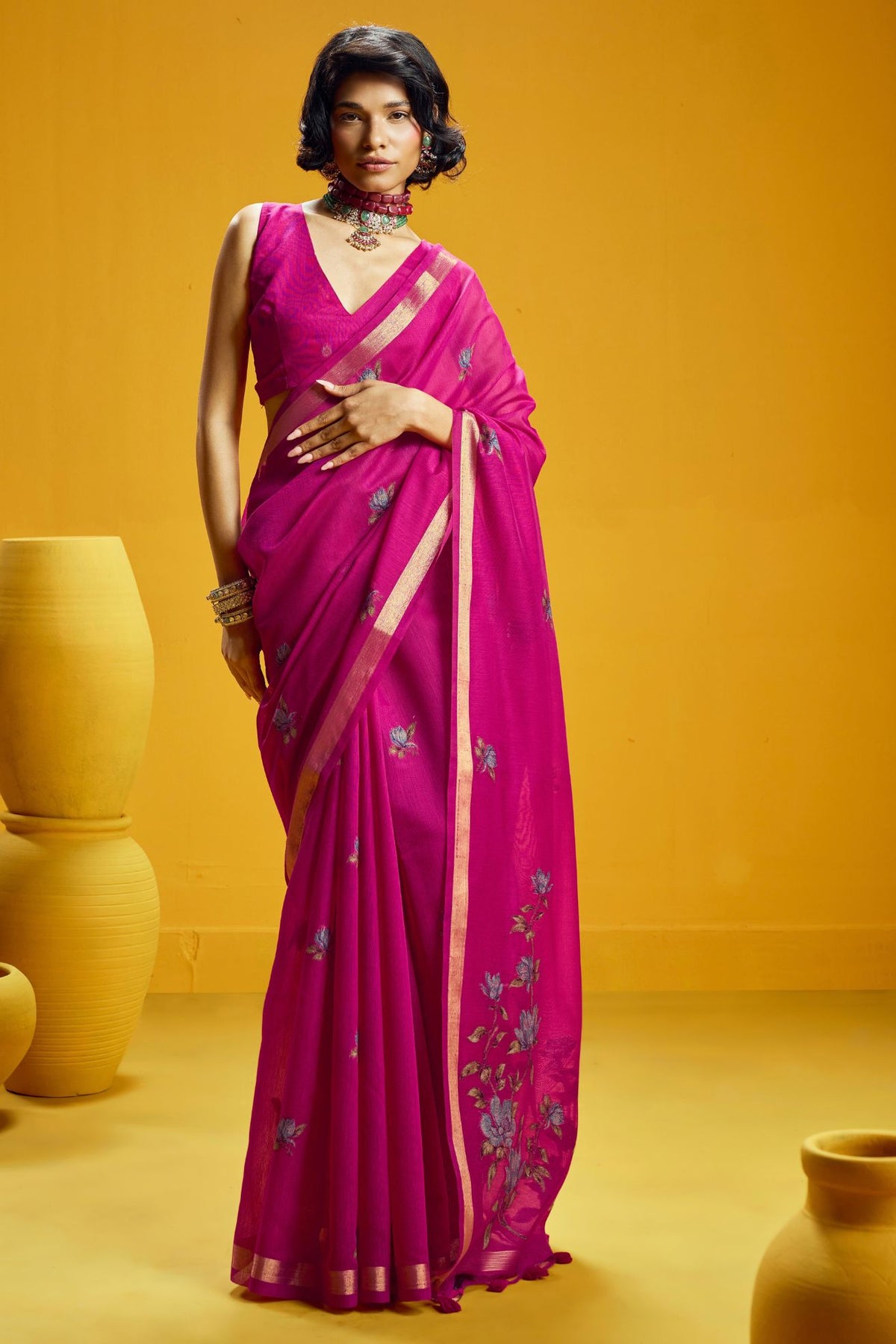 Buy MySilkLove Cupid Pink Handloom Muga Cotton Saree Online