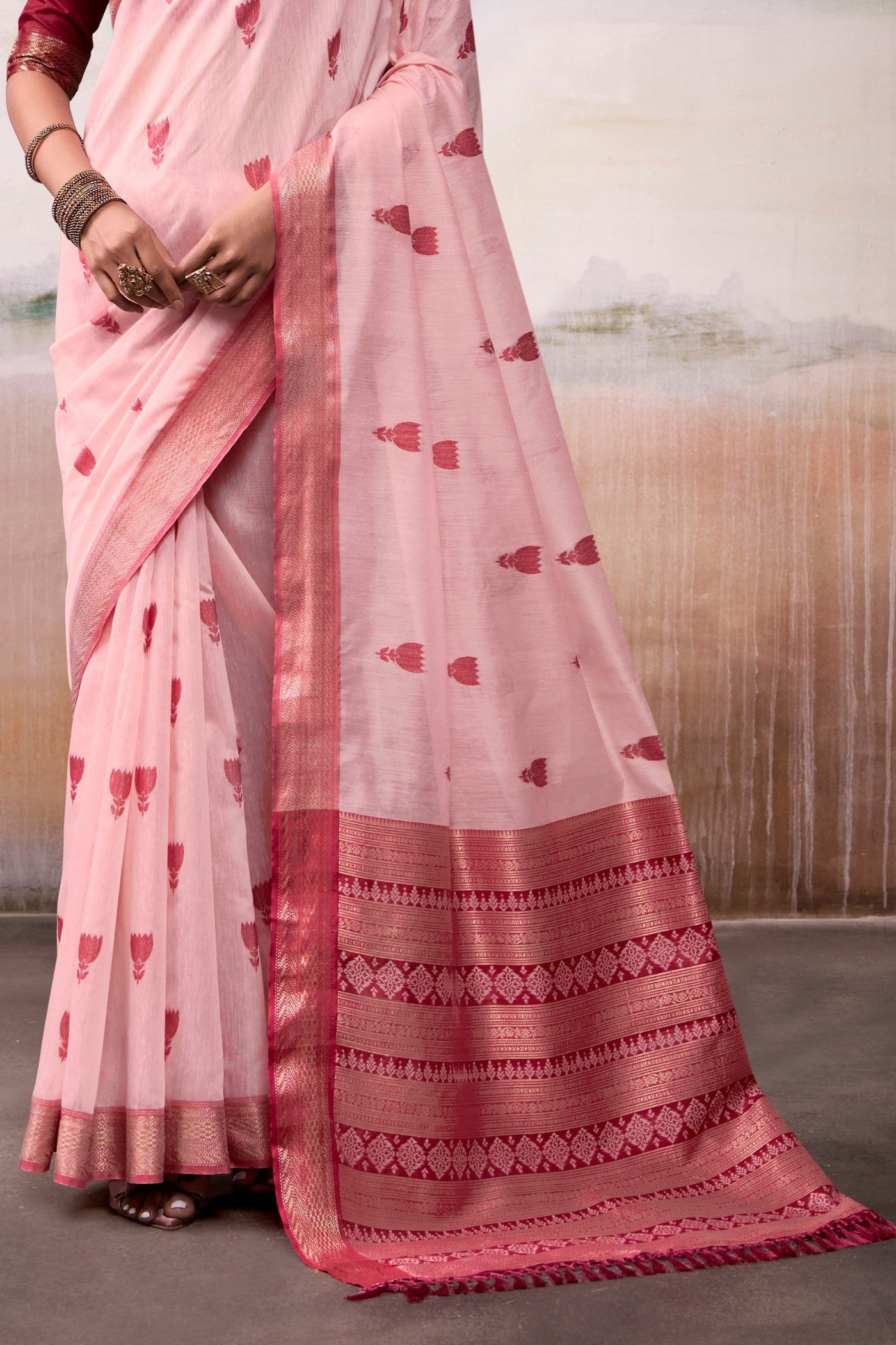 Buy MySilkLove Coral Pink Woven Modal Cotton Saree Online