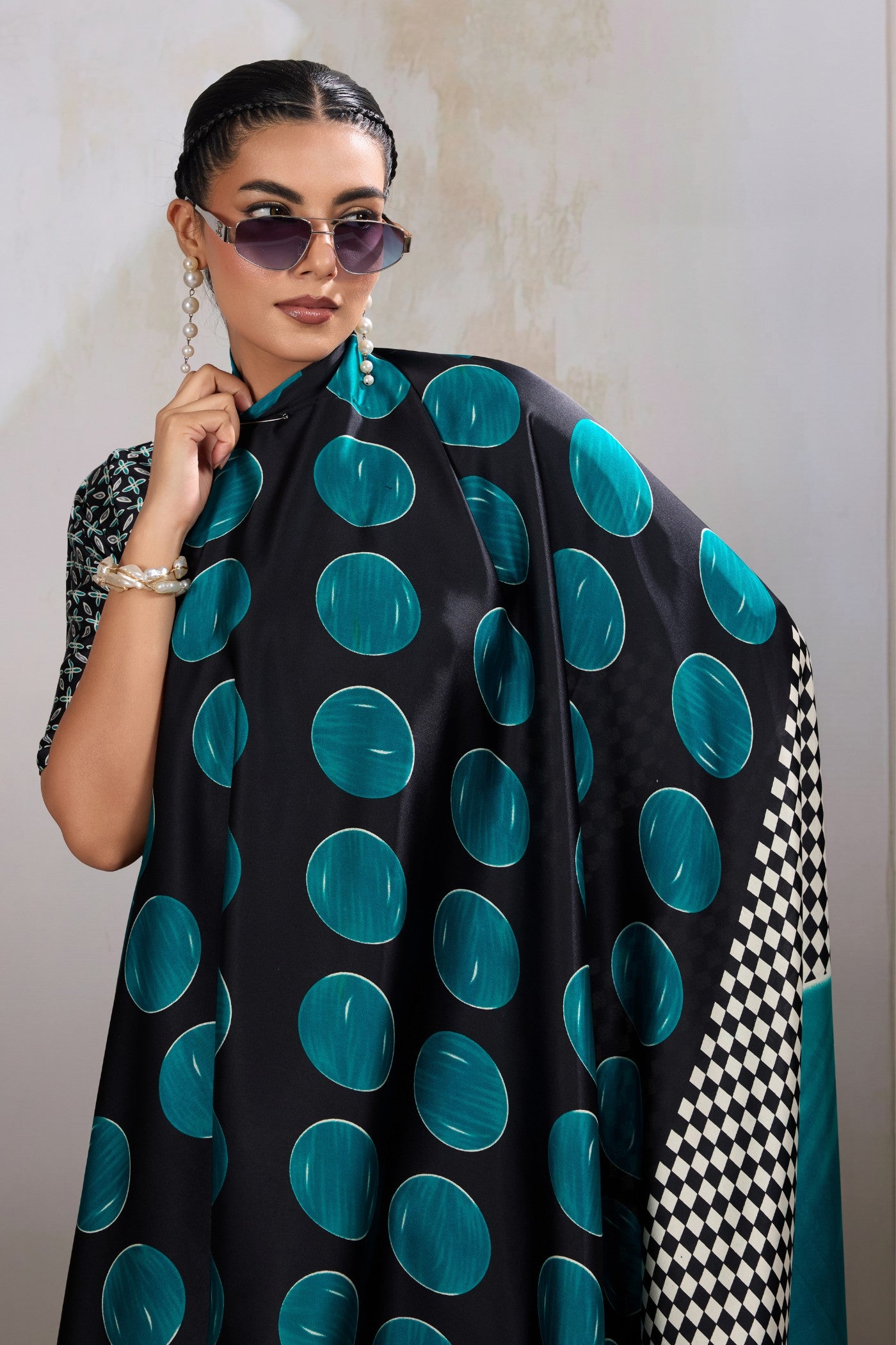 Buy MySilkLove Havelock Blue Printed Polka Dots Satin Crepe Saree Online