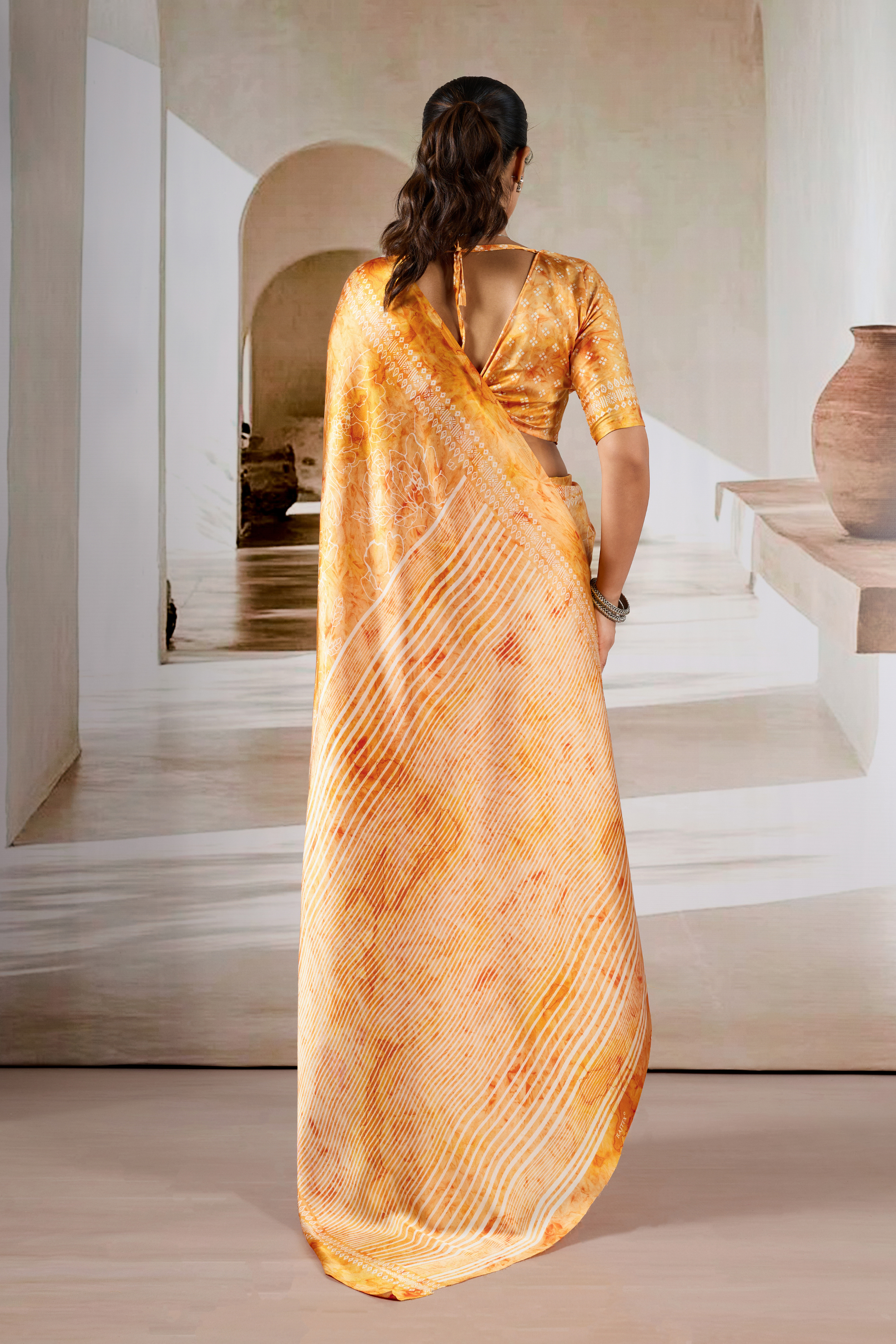 Buy MySilkLove Honey Yellow Modal Satin Hand Prism Print Saree Online