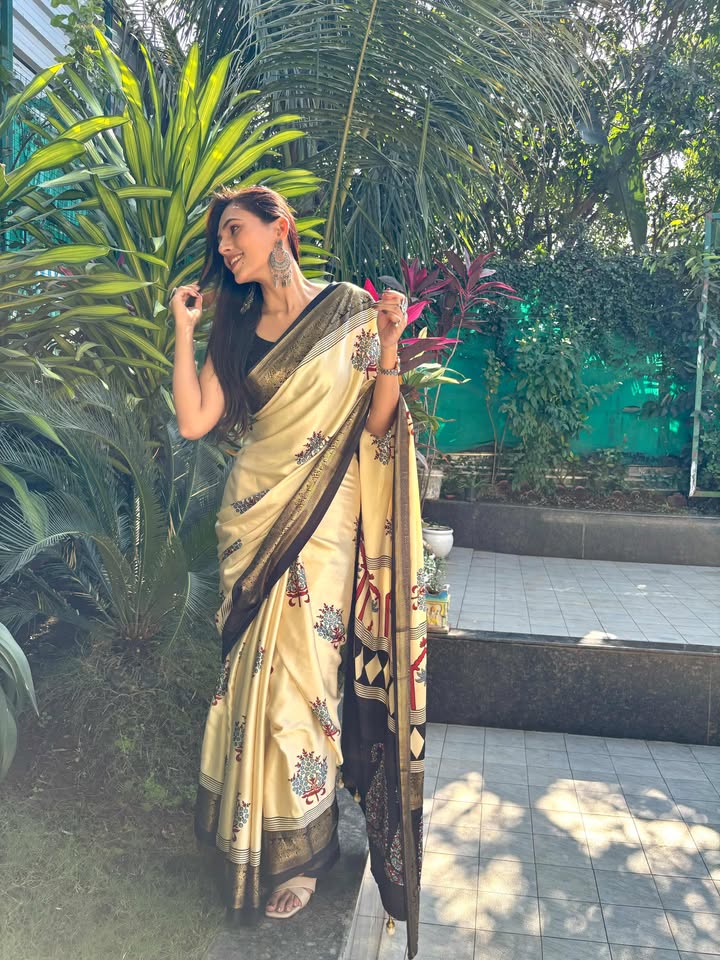 Buy MySilkLove Wheat Cream and Black Printed Satin Crepe Silk Saree Online