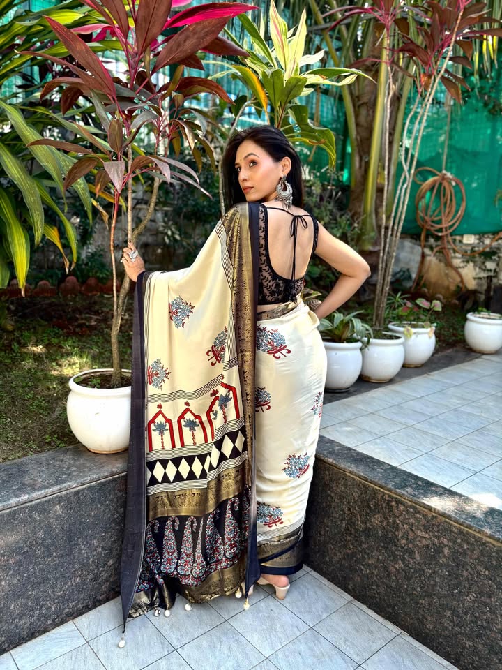 Buy MySilkLove Wheat Cream and Black Printed Satin Crepe Silk Saree Online