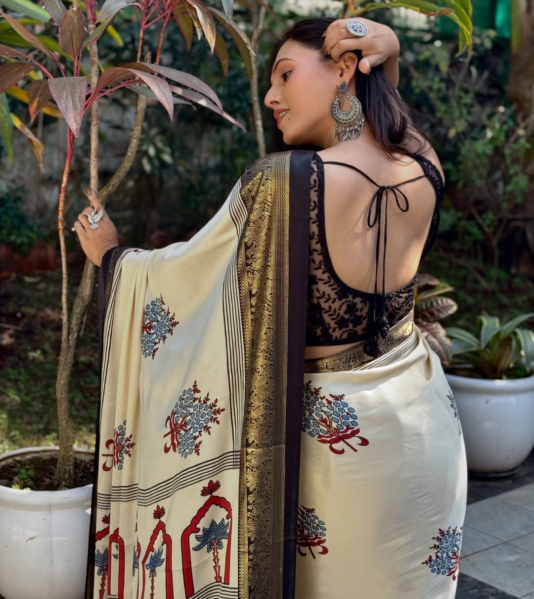 Buy MySilkLove Wheat Cream and Black Printed Satin Crepe Silk Saree Online