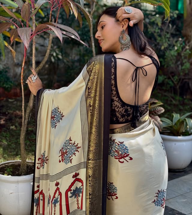 Buy MySilkLove Butter Cream and Black Printed Satin Crepe Silk Saree Online