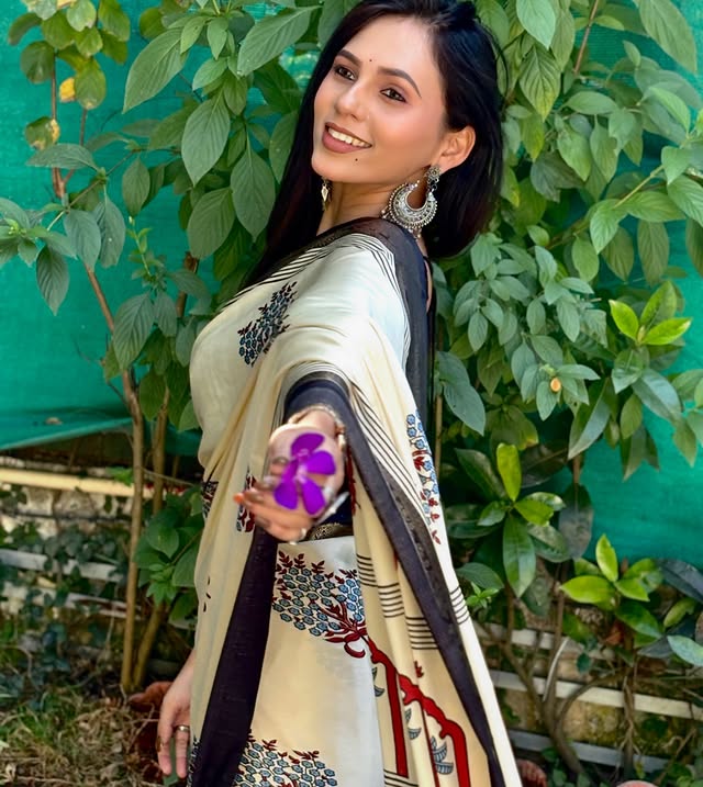 Buy MySilkLove Butter Cream and Black Printed Satin Crepe Silk Saree Online