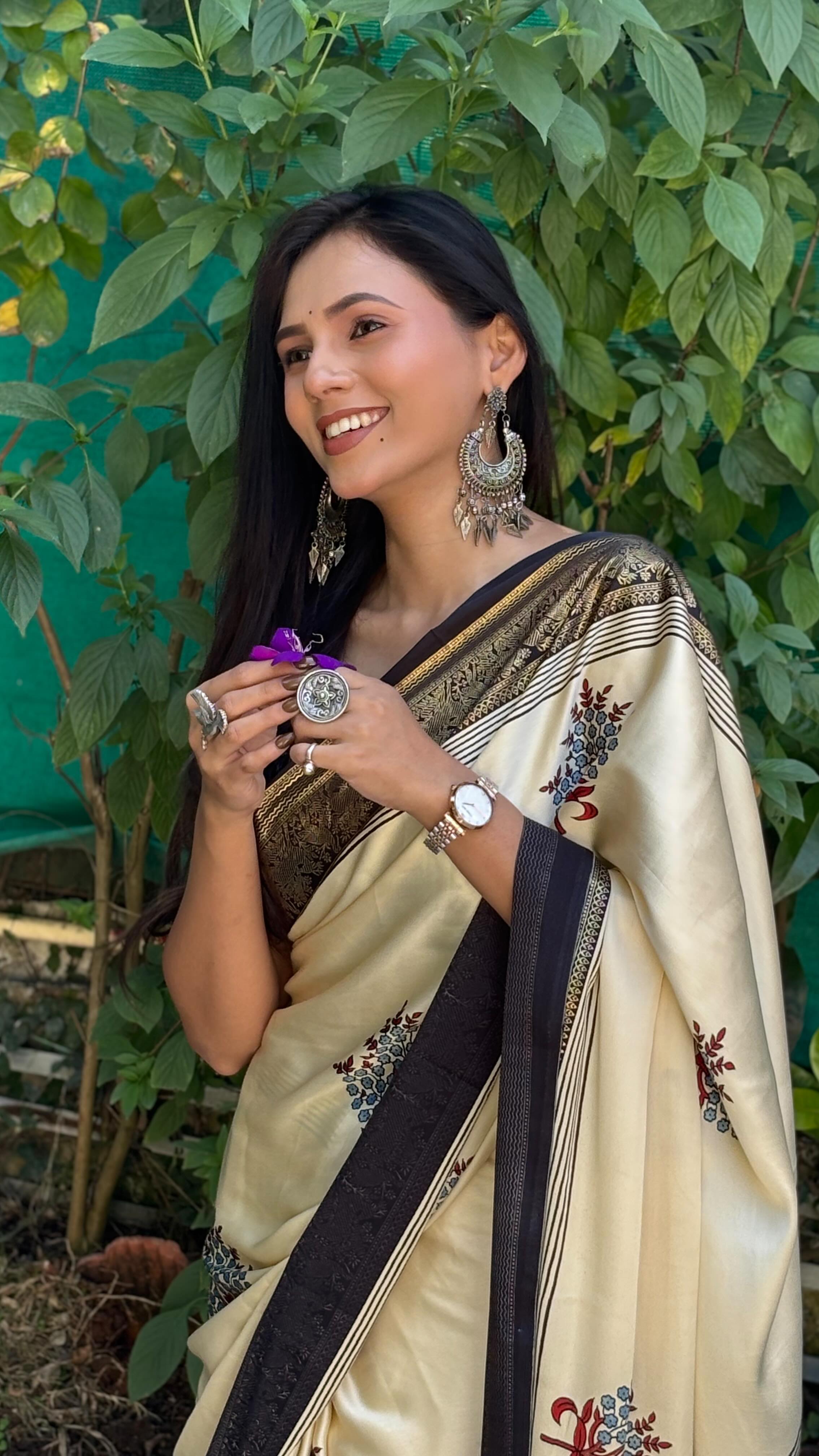 Buy MySilkLove Butter Cream and Black Printed Satin Crepe Silk Saree Online