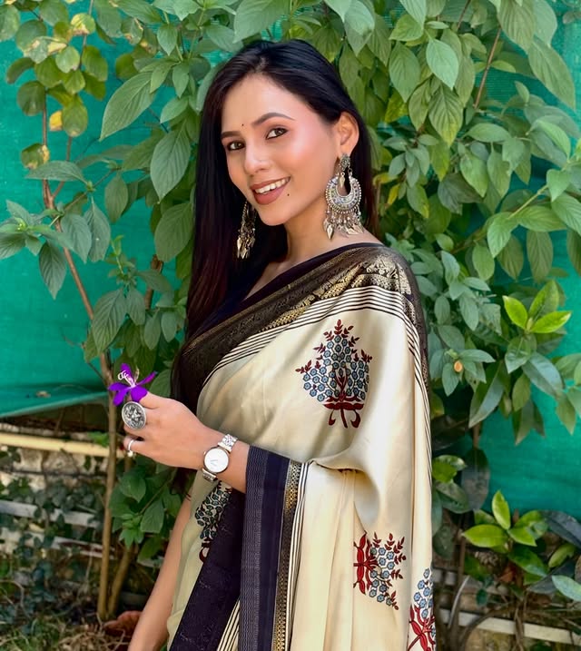 Buy MySilkLove Butter Cream and Black Printed Satin Crepe Silk Saree Online