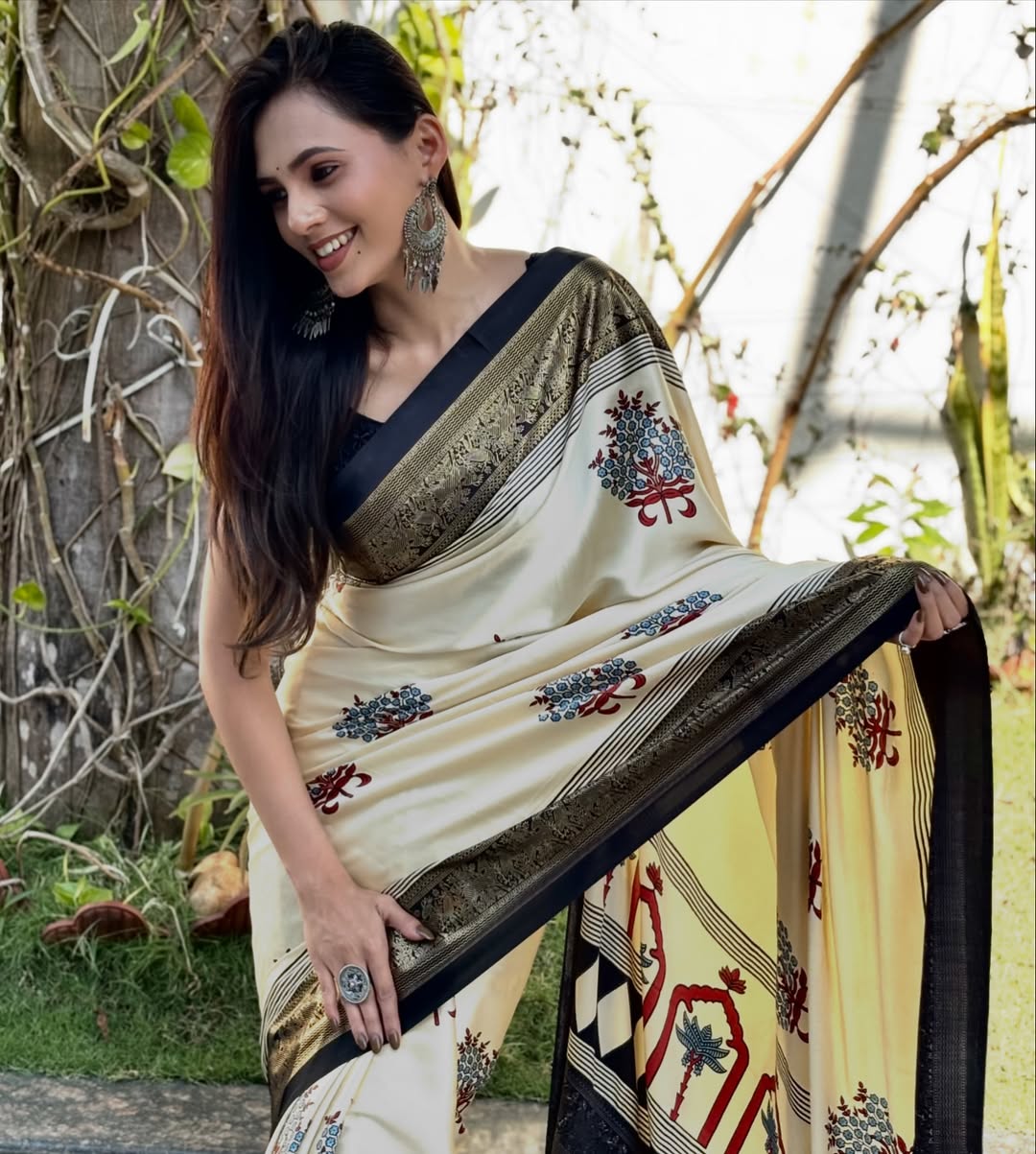 Buy MySilkLove Wheat Cream and Black Printed Satin Crepe Silk Saree Online