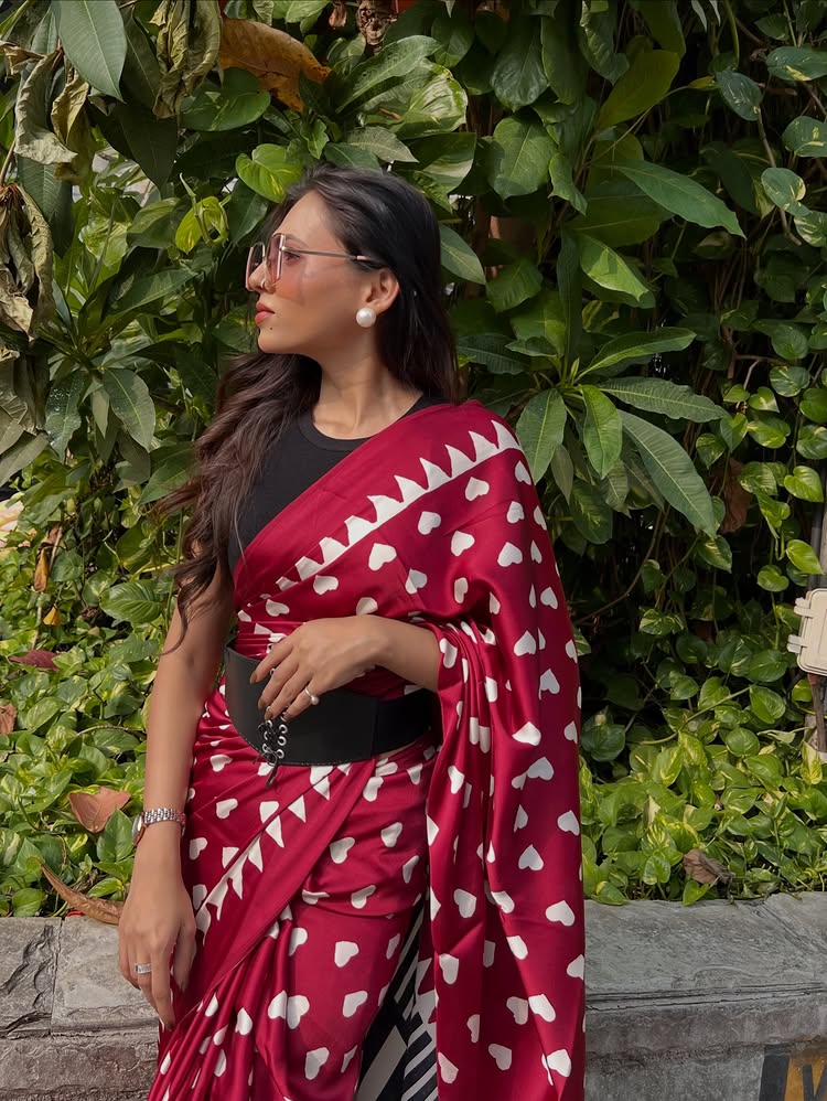 Buy MySilkLove Valentine's Day Special : Geranium Red Heart Shaped Printed Satin Crepe Silk Saree Online