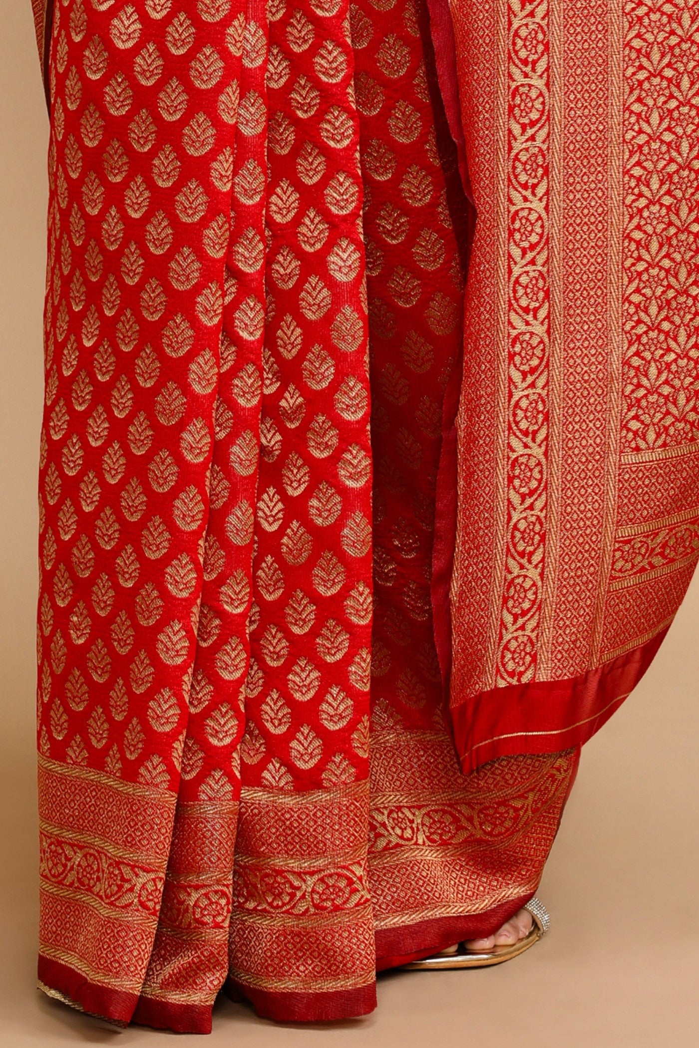 Buy MySilkLove Cherry Red Woven Jacquard Lichi Silk Saree Online