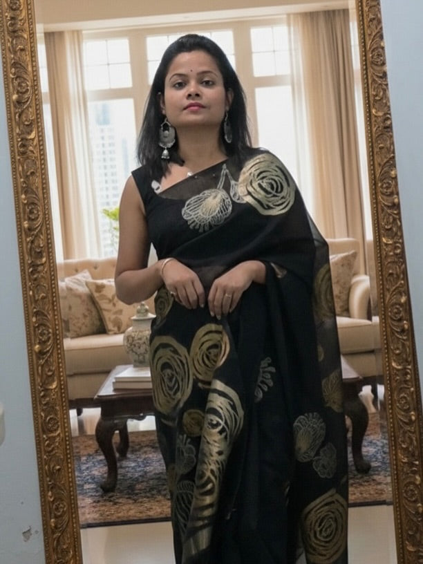 Buy MySilkLove Matte Black Munga Handloom Cotton Saree Online