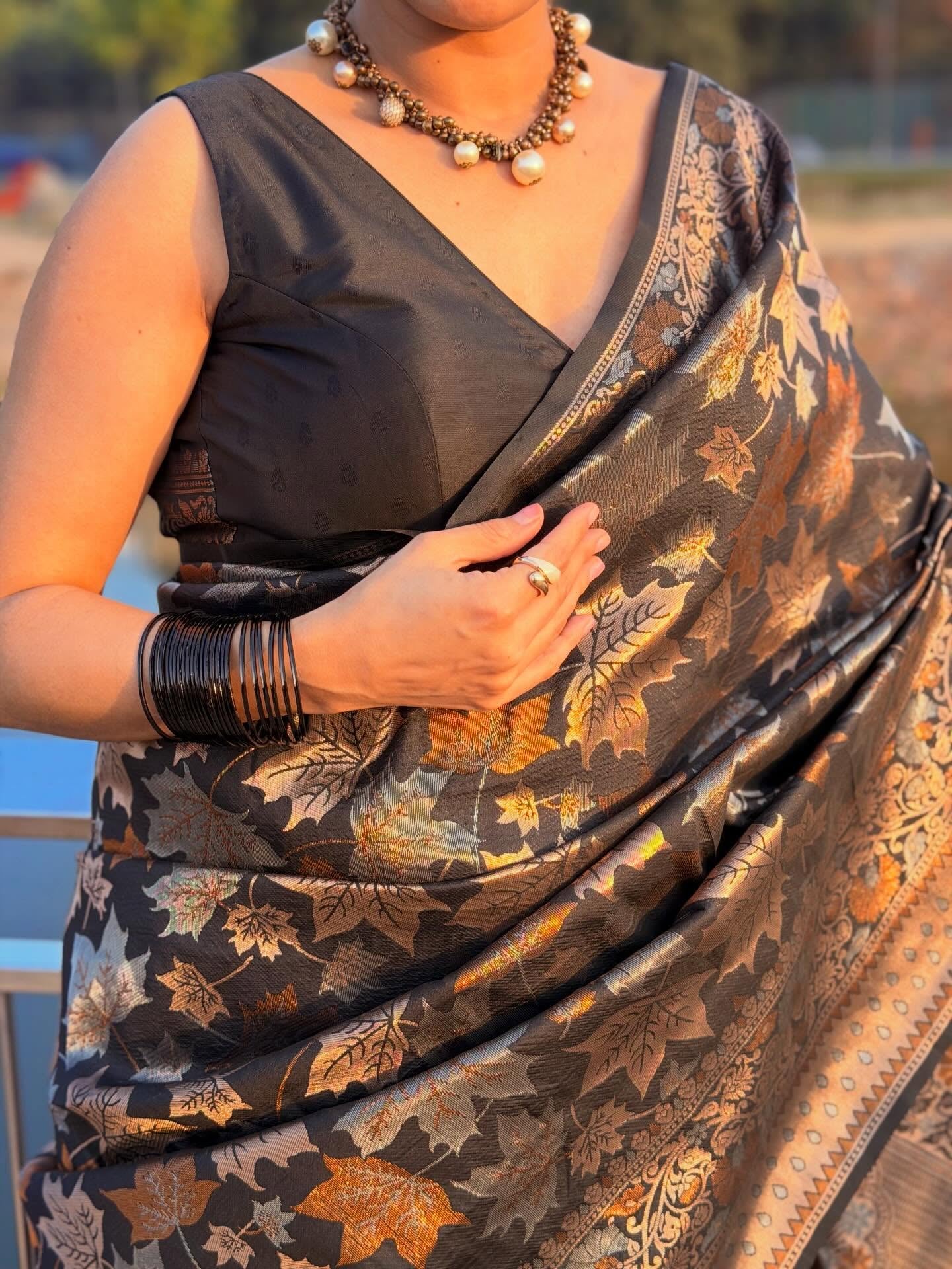 Buy MySilkLove Aged Black Banarasi Soft Silk Saree Online