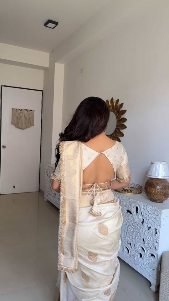 Buy MySilkLove Floral White Woven Banarasi Satin Silk Saree Online