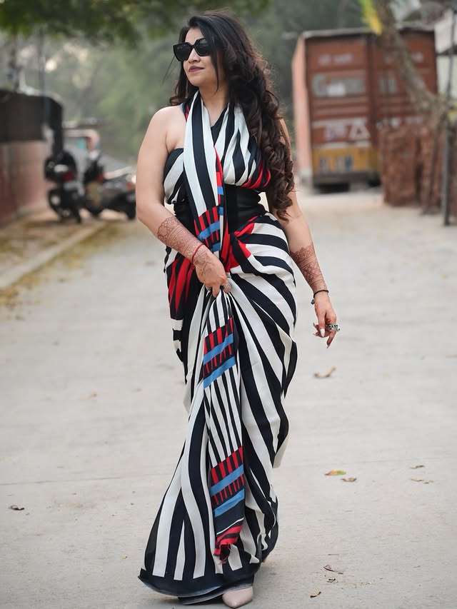 Buy MySilkLove Crow Black and White Stripes Printed Satin Crepe Silk Saree Online