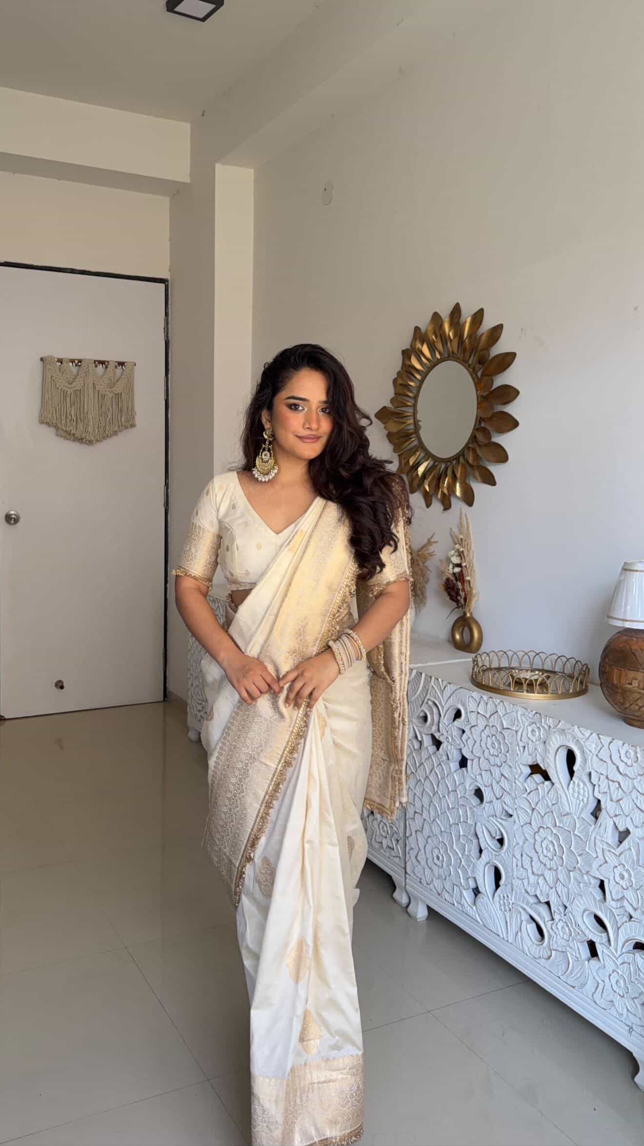 Buy MySilkLove Floral White Woven Banarasi Satin Silk Saree Online