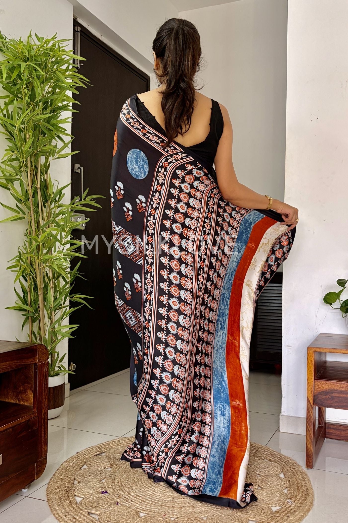 Buy MySilkLove Anthracite Black Printed Polka Dots Satin Crepe Saree Online