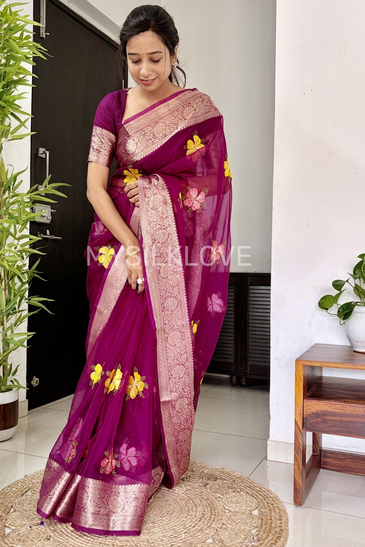 Buy MySilkLove Rose Pink Woven Tissue Floral Saree Online