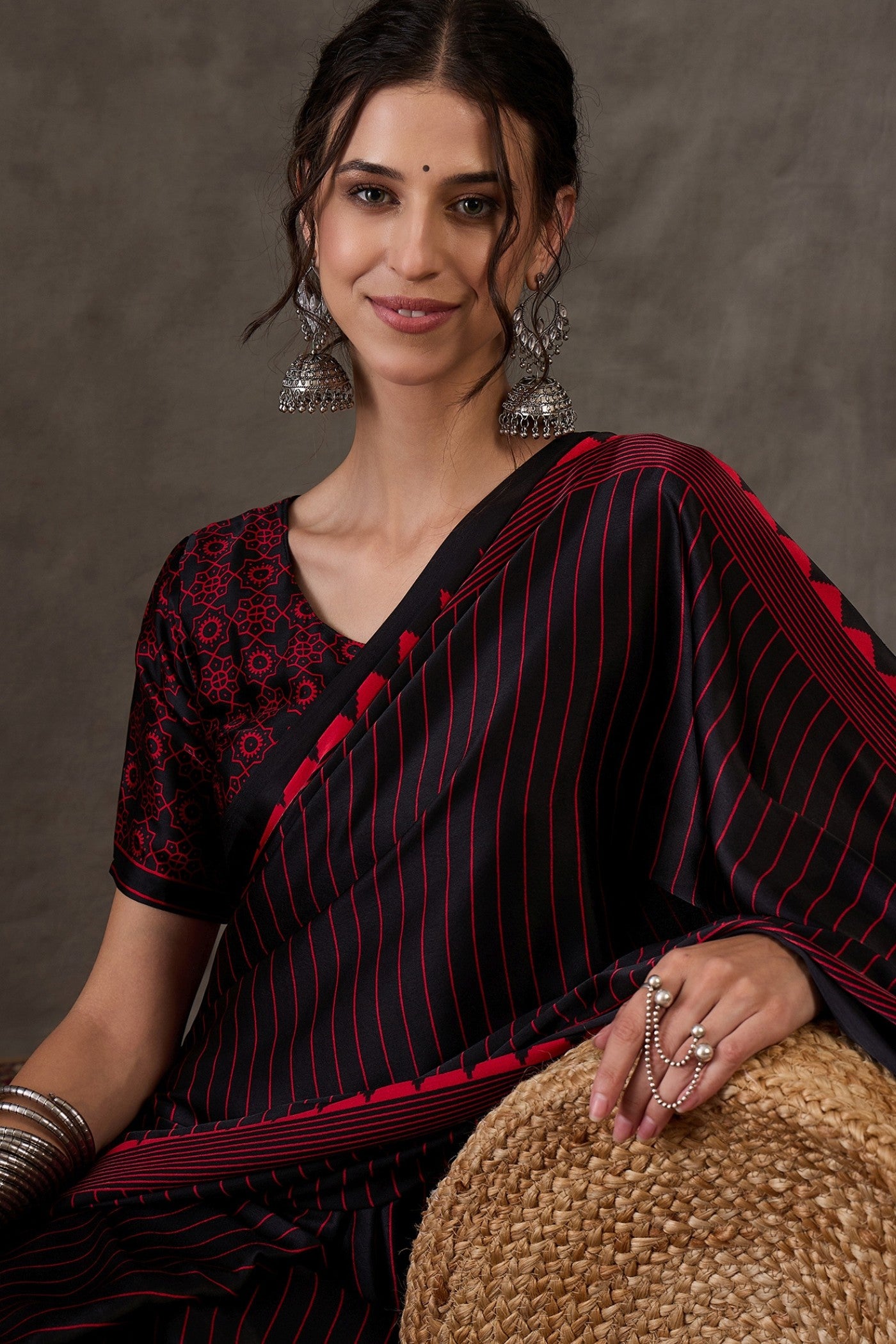 Buy MySilkLove Retro Black and Red Printed Satin Gaji Silk Saree Online