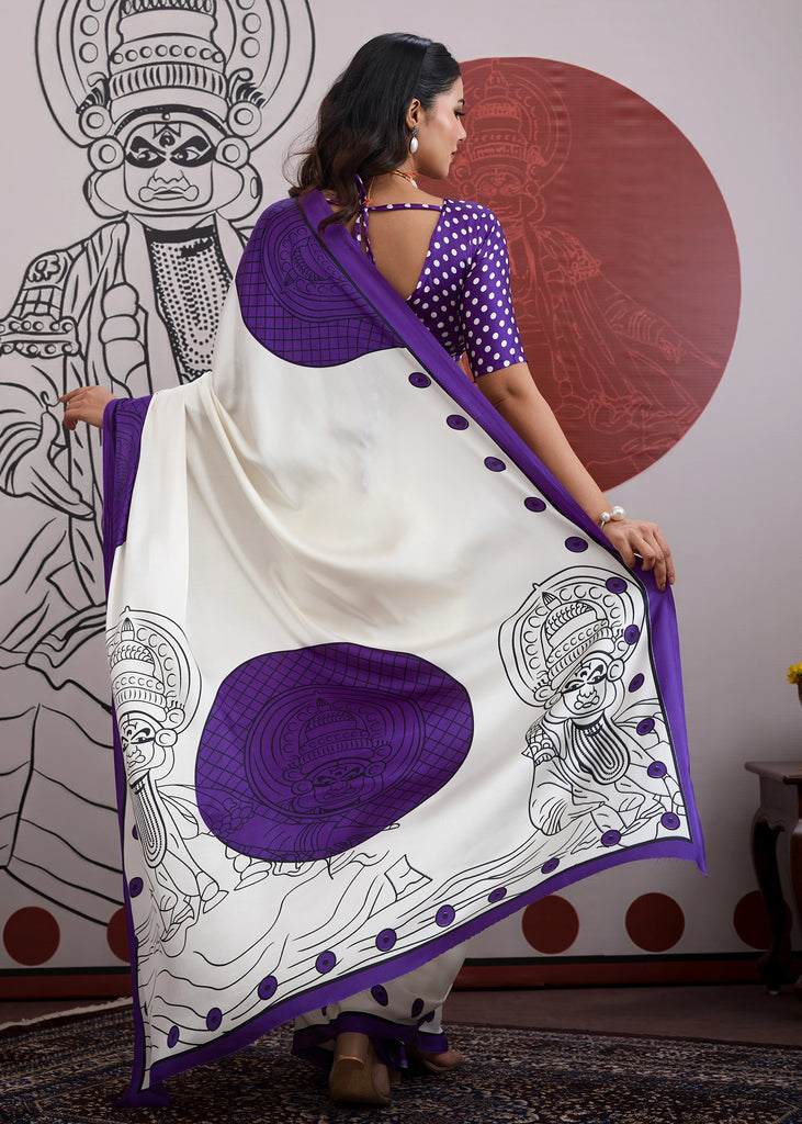 Buy MySilkLove Grape Purple and White Printed Satin Crepe Silk Saree Online