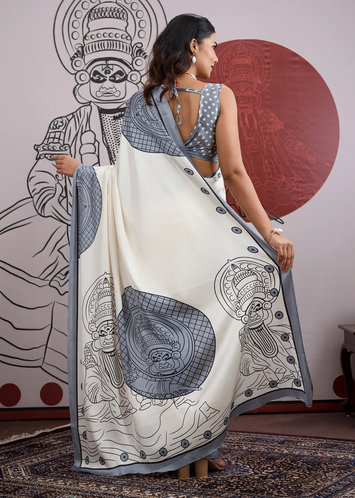 Buy MySilkLove Seal Grey and White Printed Satin Crepe Silk Saree Online