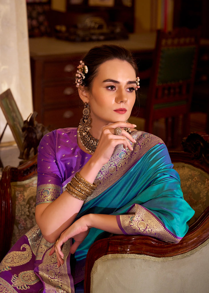 Buy MySilkLove Cyan Blue Woven Banarasi Soft Silk Saree Online