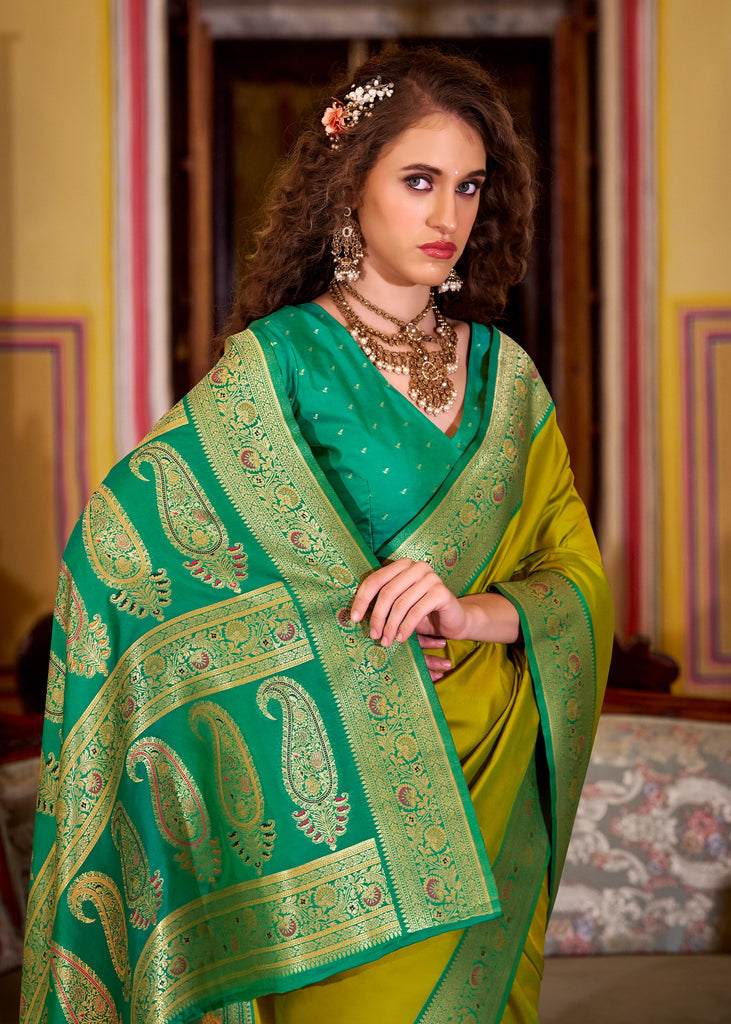 Buy MySilkLove Arctic Green Woven Banarasi Soft Silk Saree Online