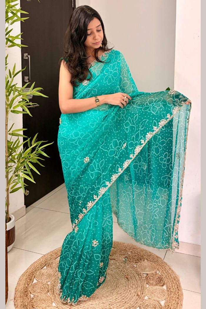 Buy MySilkLove Aqua Teal Georgette Chiffon Bead Work Saree Online