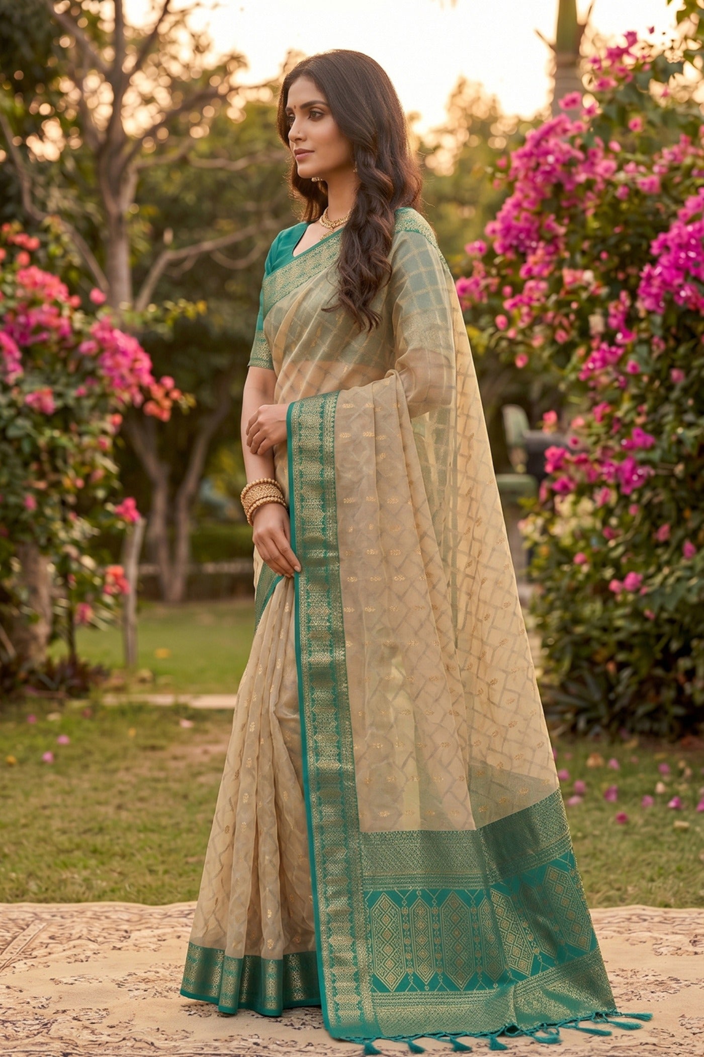 Buy MySilkLove Bone Cream and Green Woven Banarasi Cotton Saree Online