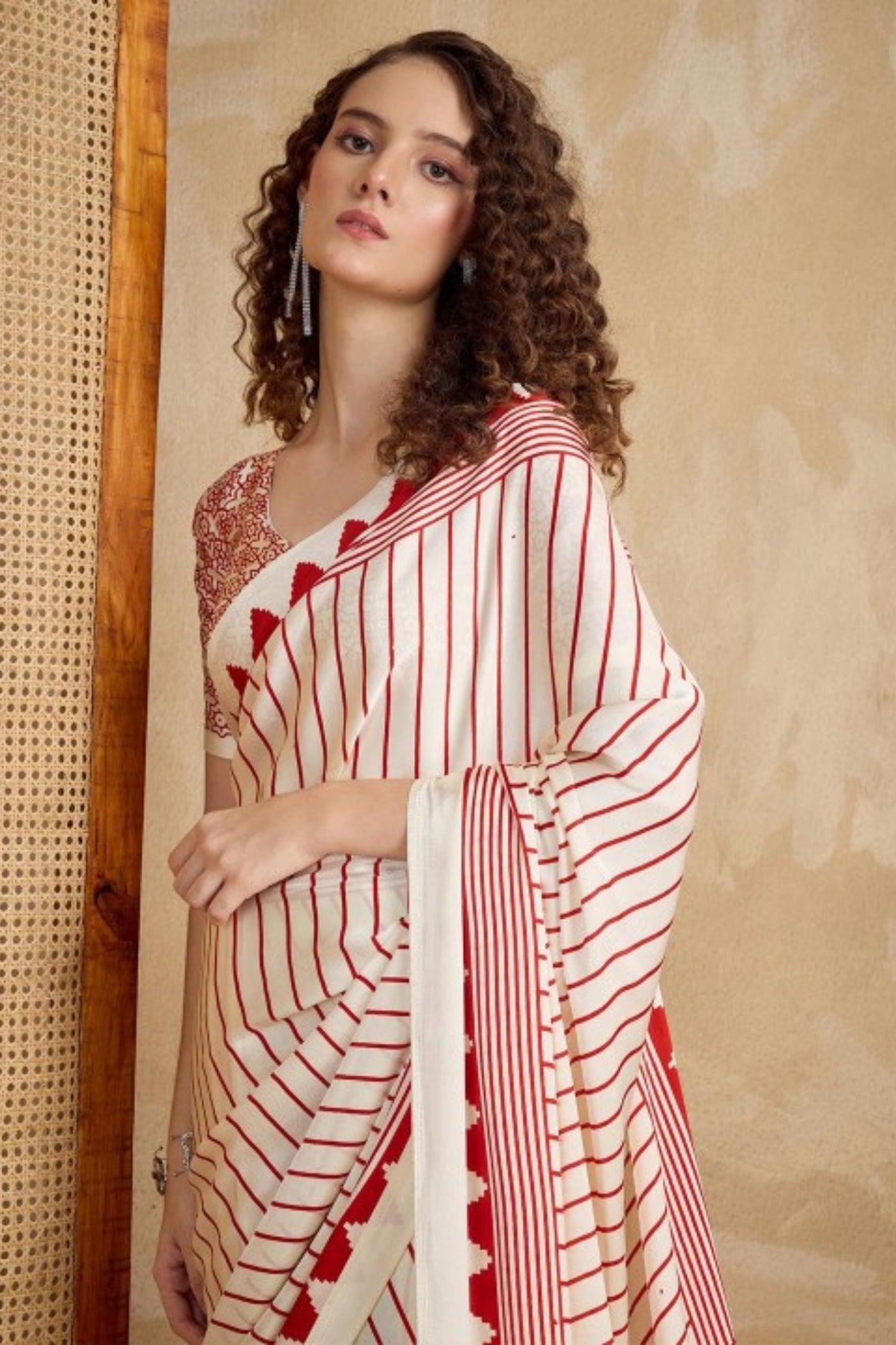 Buy MySilkLove Beige and Red Ajrakh Printed Satin Crepe Silk Saree Online