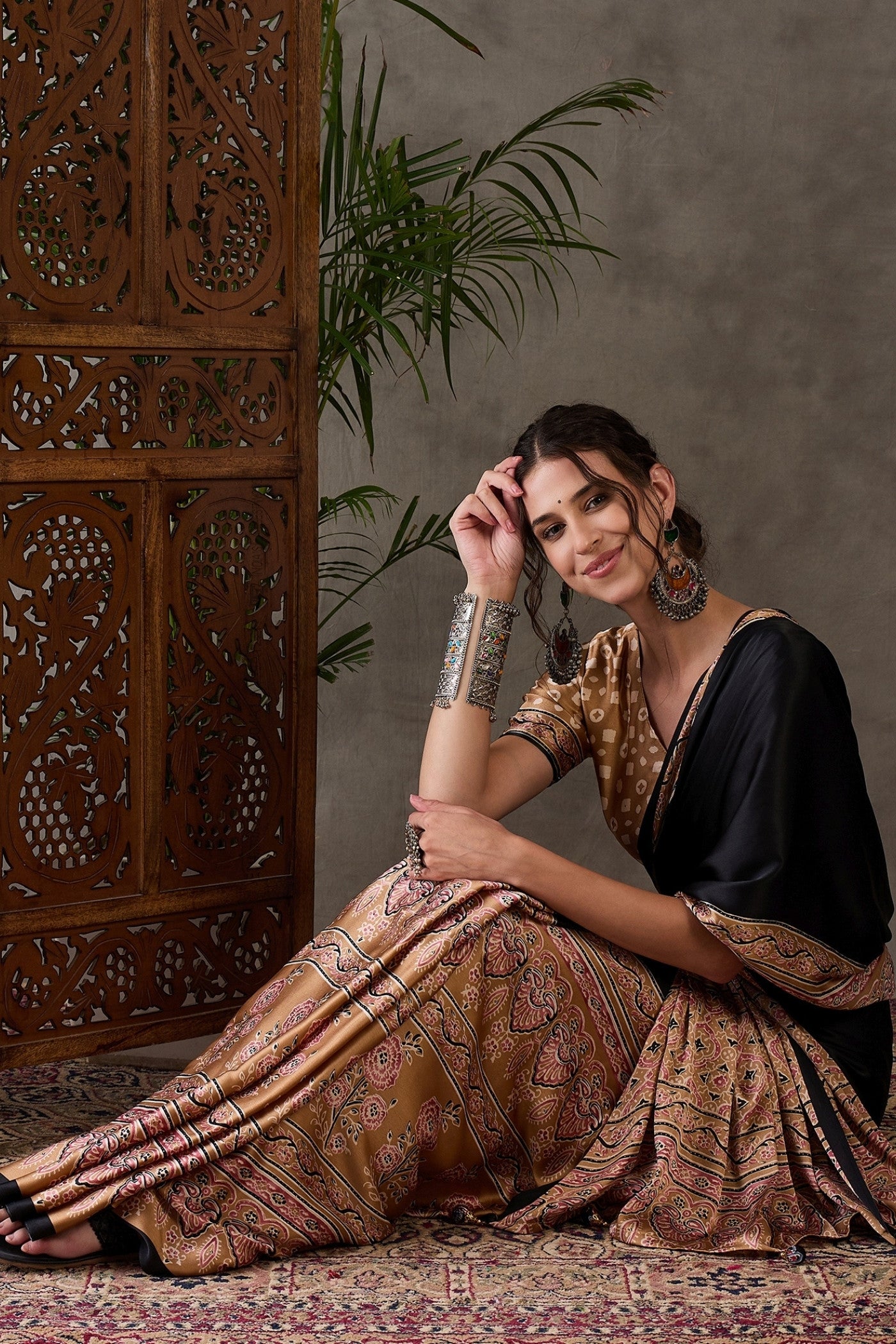 Buy MySilkLove Ebony Black Printed Satin Gaji Silk Saree Online