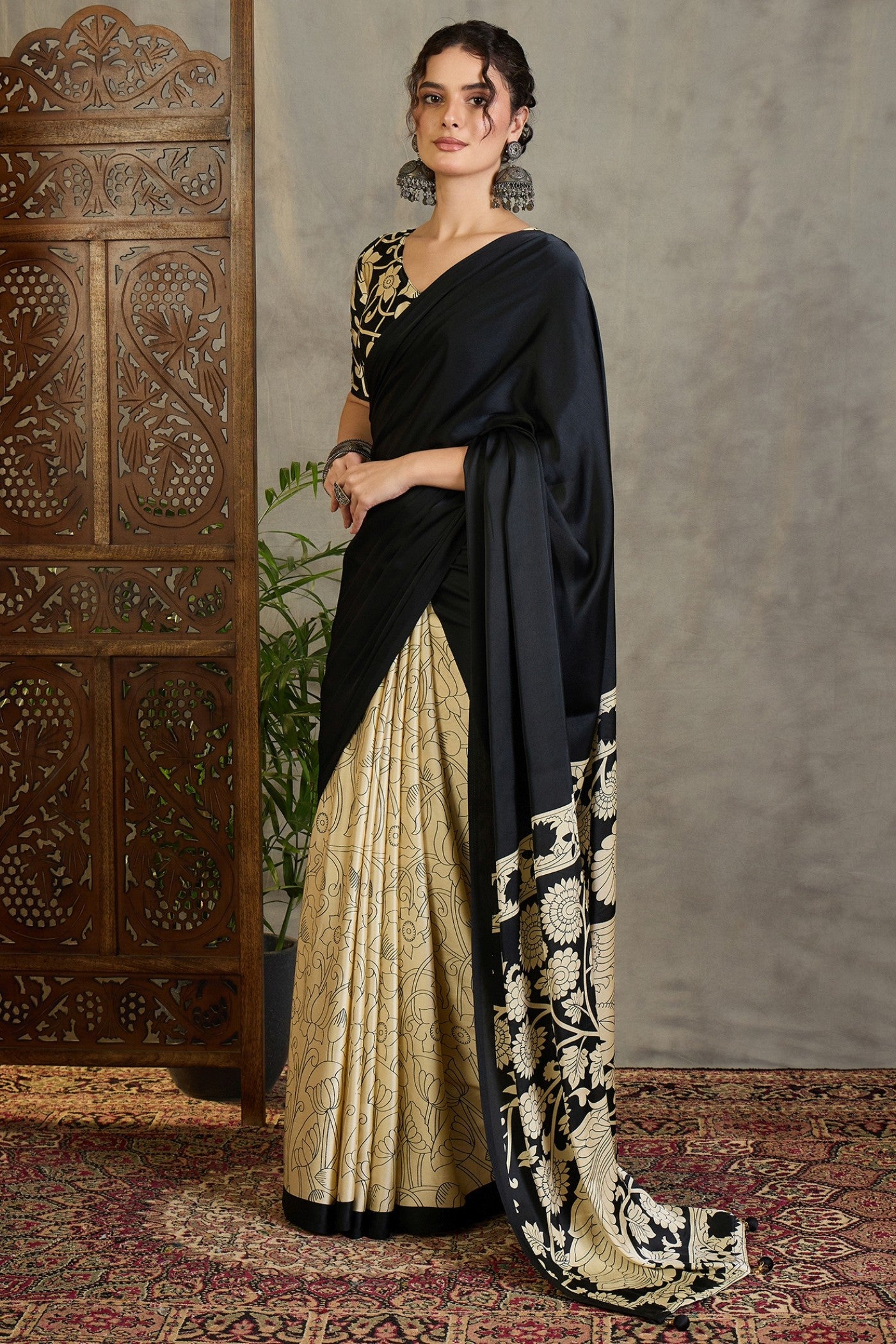 Buy MySilkLove Crow Black and Cream Kalamkari Printed Satin Silk Saree Online