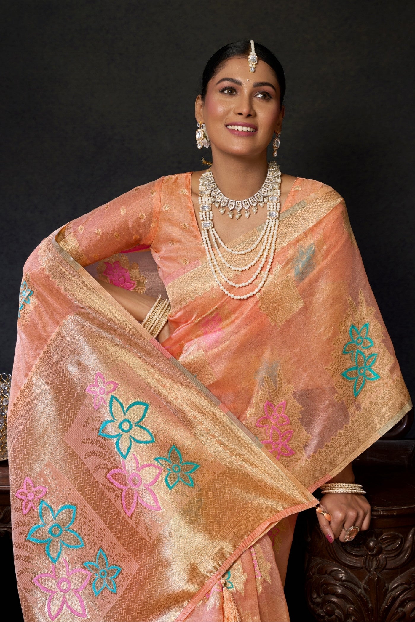 MySilkLove Plum Peach Woven Banarasi Organza Saree