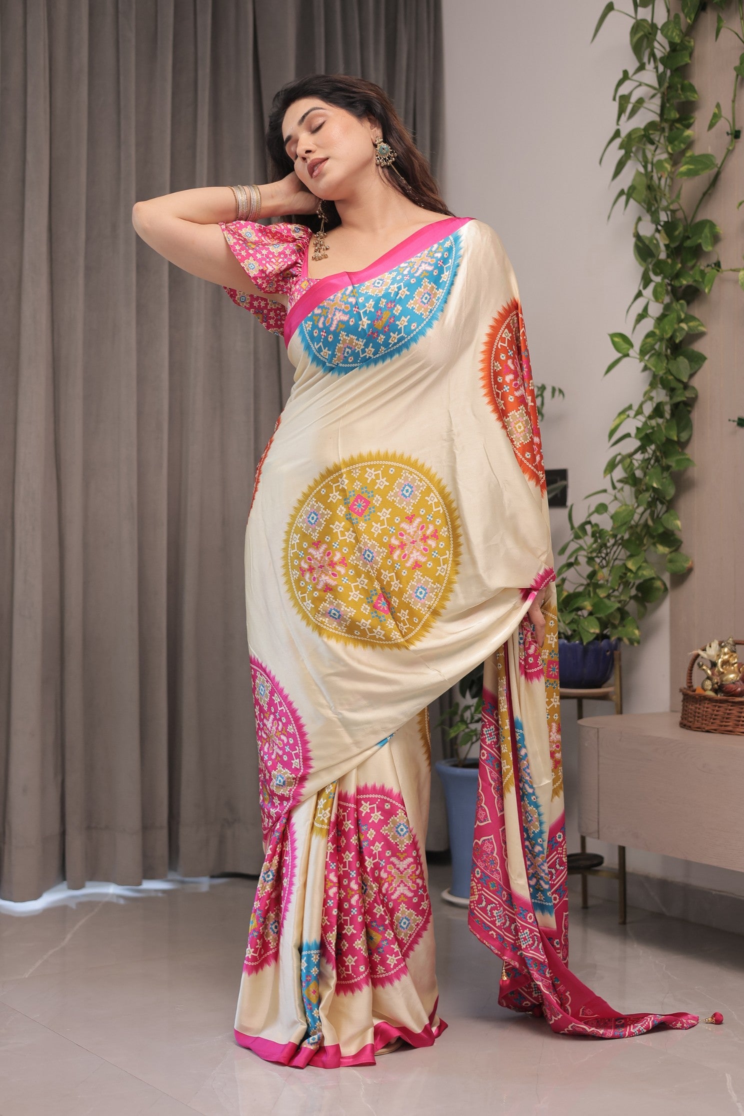Buy MySilkLove Vanilla Cream and Pink Modal Ajrakh Printed Silk Saree Online
