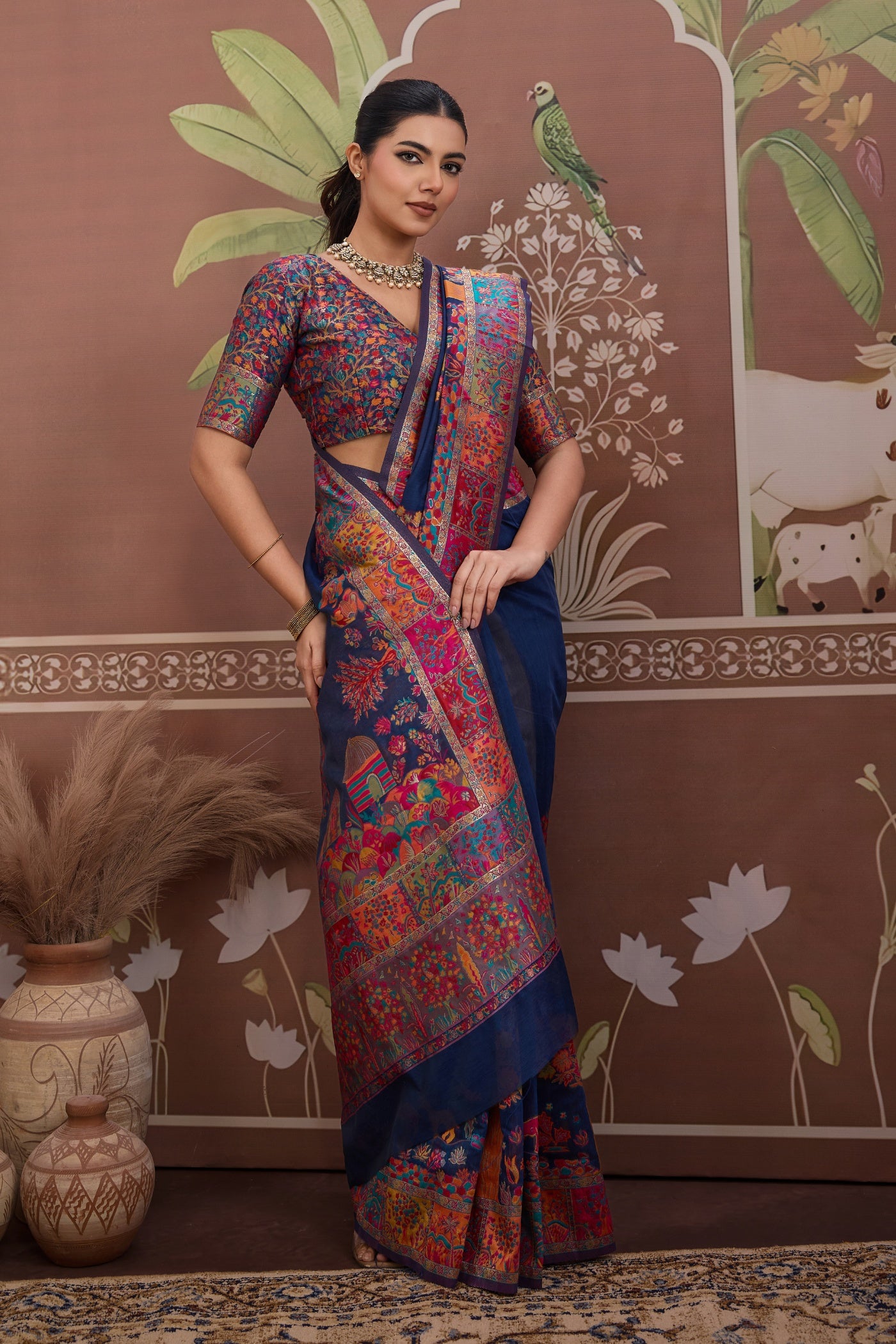 Buy MySilkLove Navy Blue Kashmiri Handllom Jamewar Saree Online