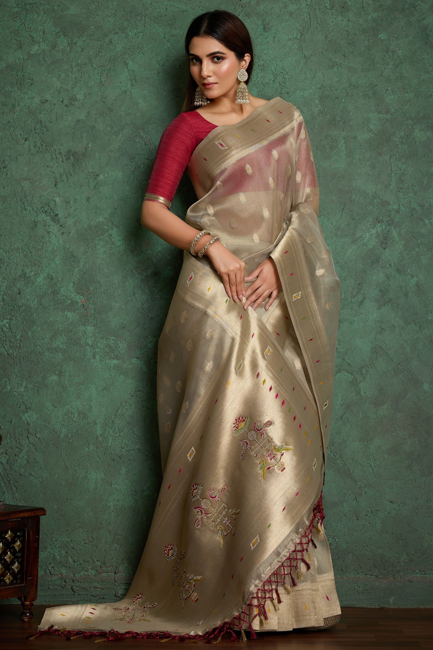 Buy MySilkLove Silver Chalice Grey Woven Tissue Paithani Saree Online