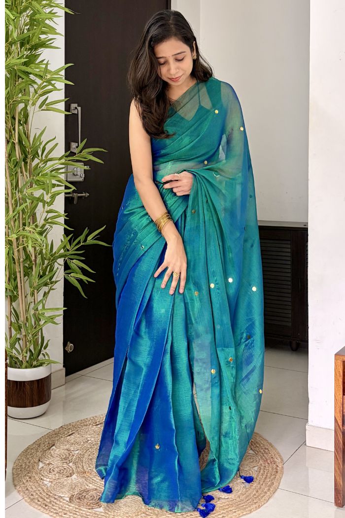 Buy MySilkLove Egyptian Blue Tissue Woven Saree Online