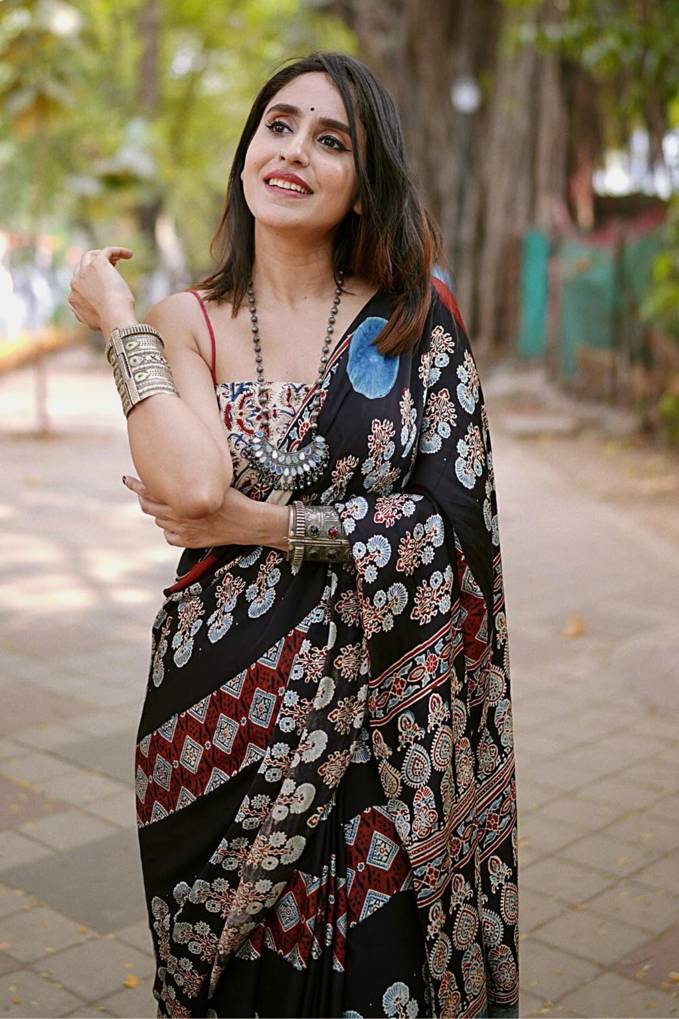 MySilkLove Onyx Black Printed Polka Dots Satin Crepe Saree