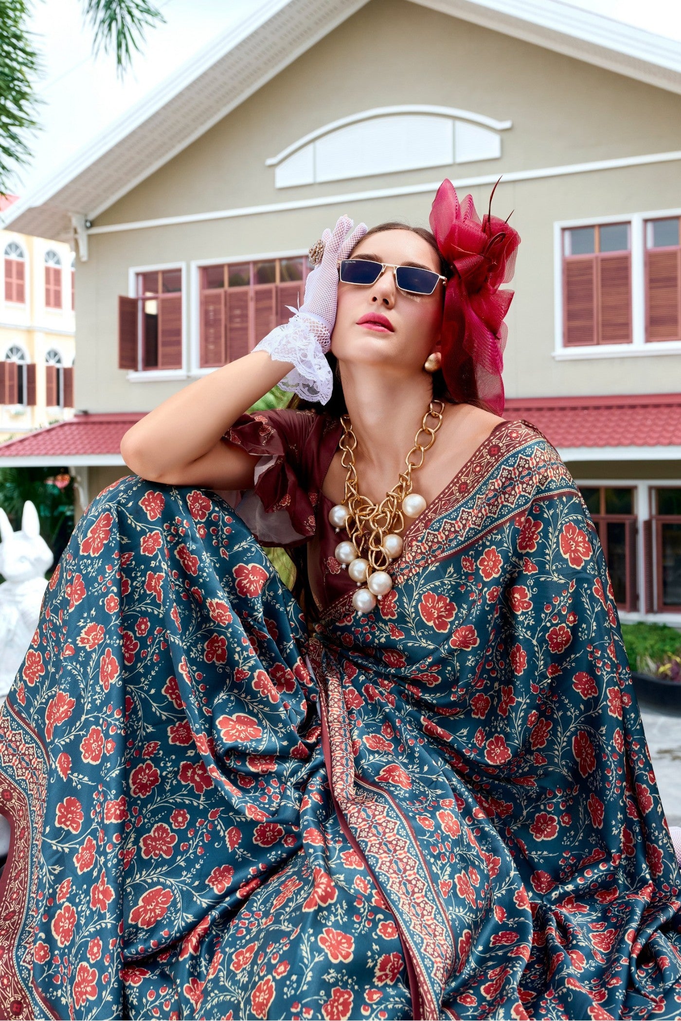 Buy MySilkLove Space Blue Printed Satin Crepe Silk Saree Online