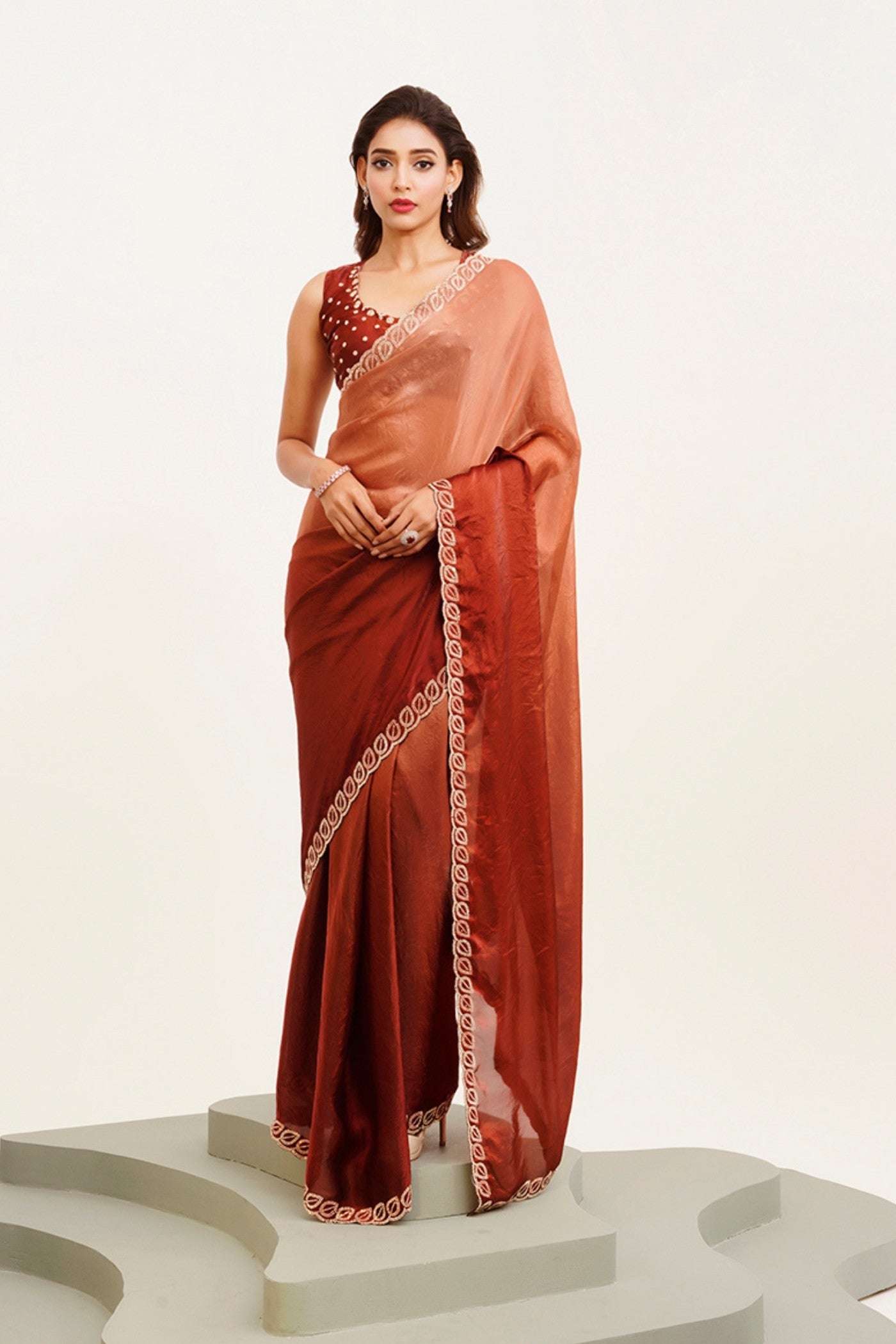 Buy MySilkLove Rust Brown Satin Partywear Saree Online