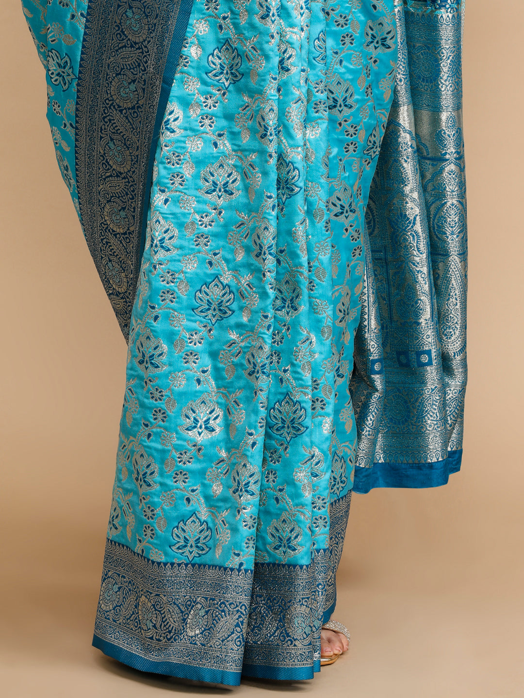 Buy MySilkLove Tiffany Blue Woven Jacquard Lichi Silk Saree Online