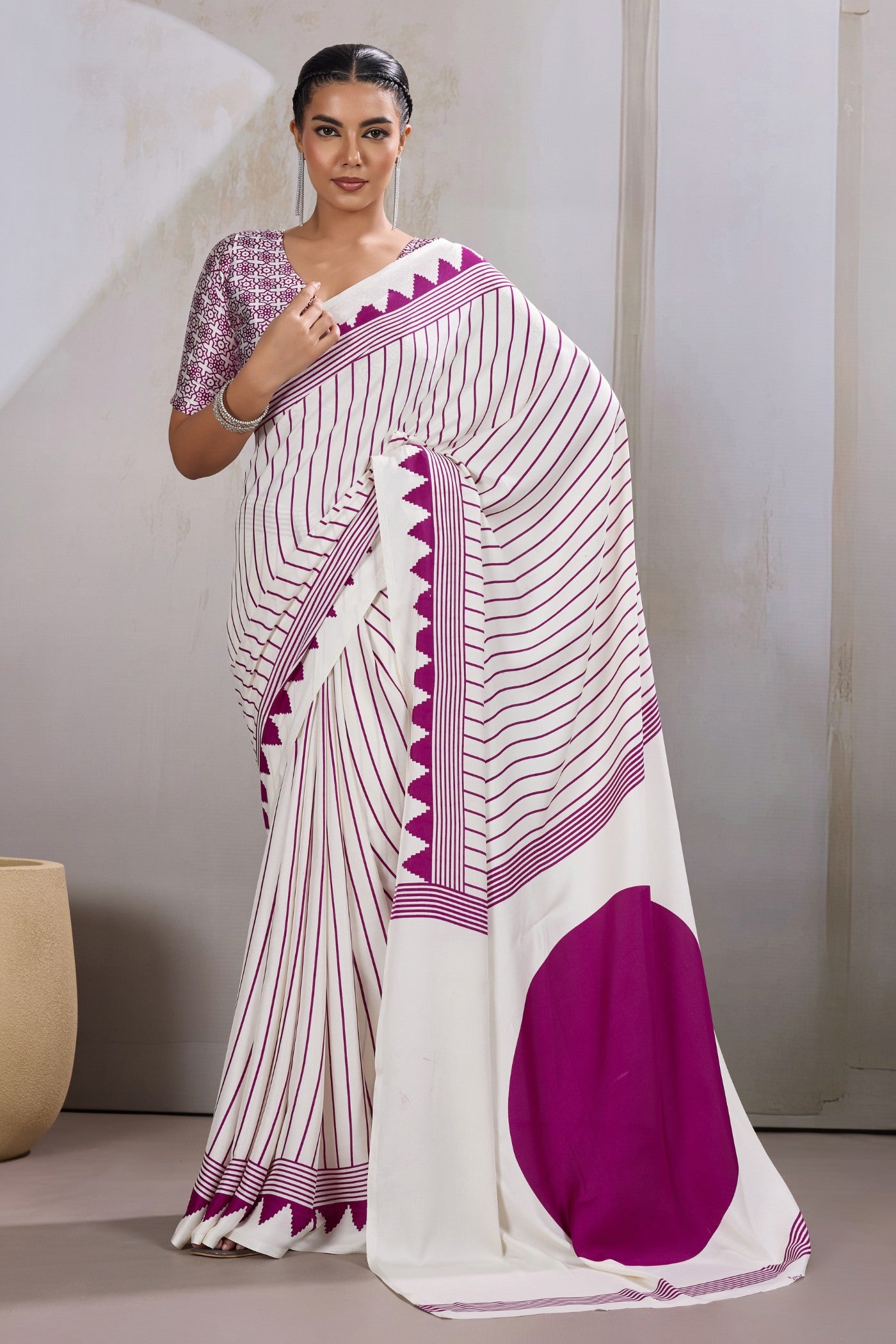 Buy MySilkLove Warm White and Purple Ajrakh Printed Satin Crepe Silk Saree Online