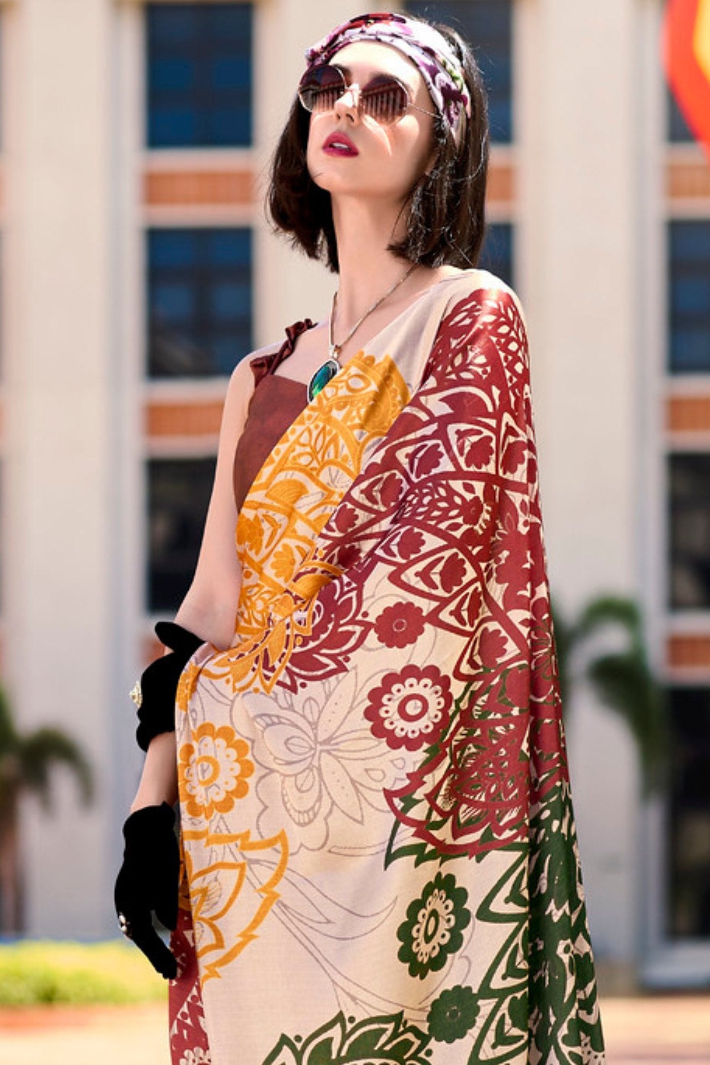 MySilkLove Multicolor Cream Printed Satin Crepe Silk Saree