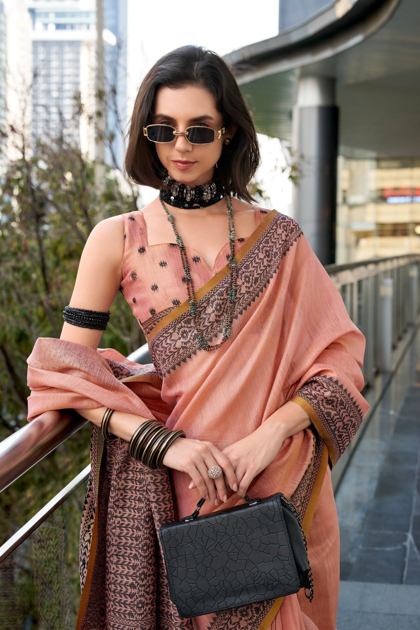 Buy MySilkLove Malibu Peach Linen Tissue Silk Saree Online