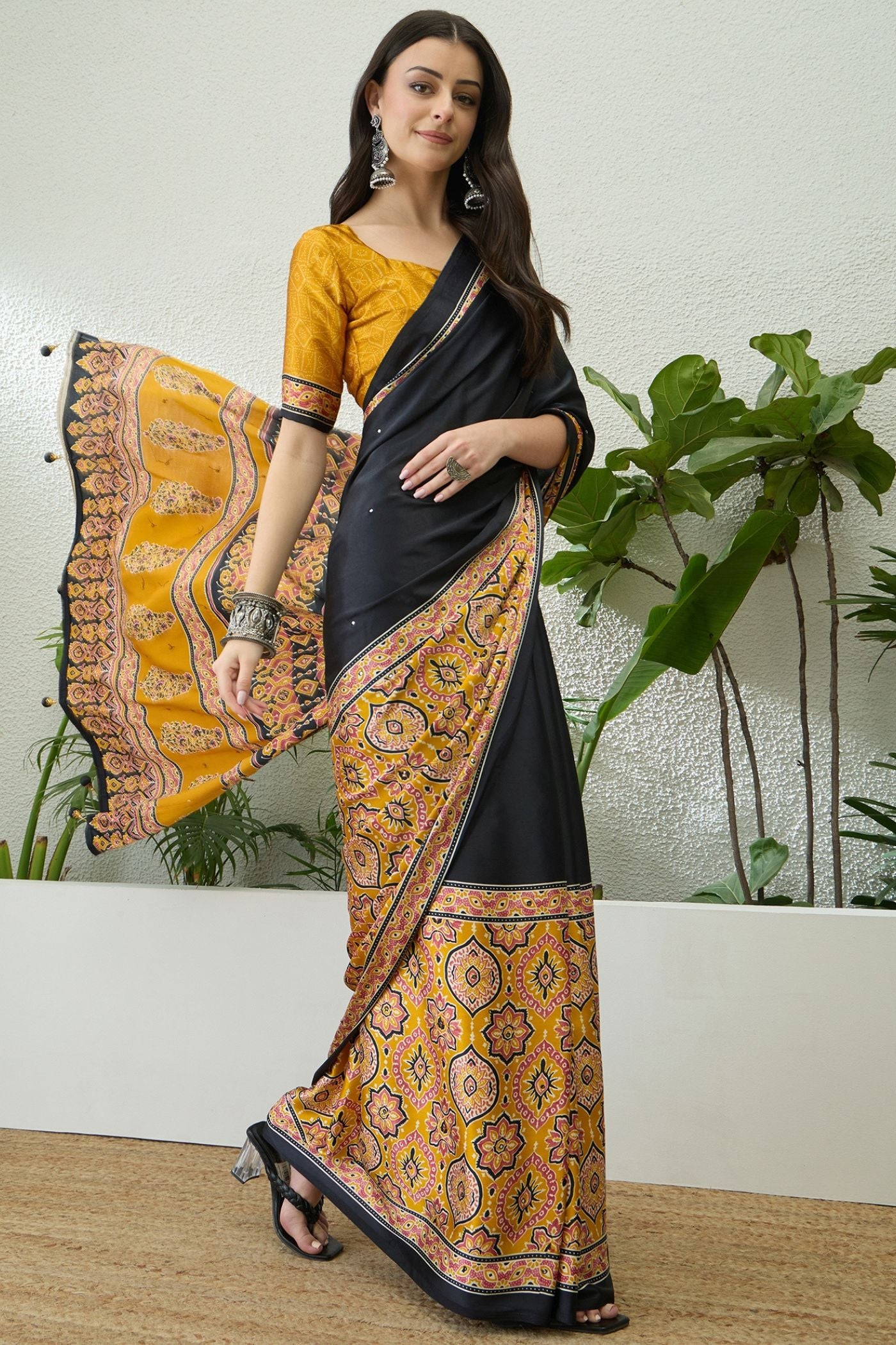 Buy MySilkLove Black Pearl and Yellow Modal Ajrakh Satin Printed Silk Saree Online