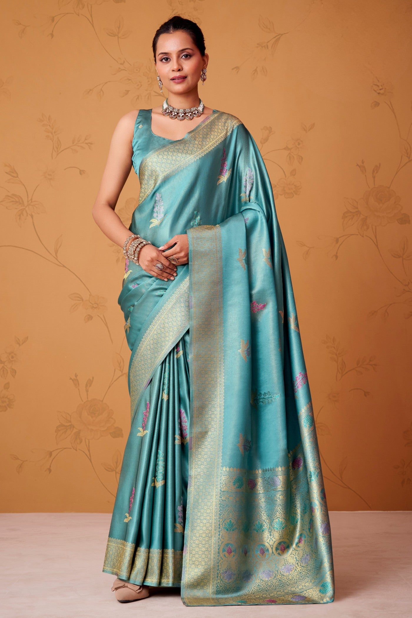 Buy MySilkLove Celtic Blue Handloom Satin Silk Saree Online